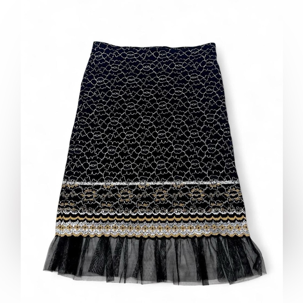 Betsey Johnson Black Lace-Trim Midi Skirt with Gold & White Accents